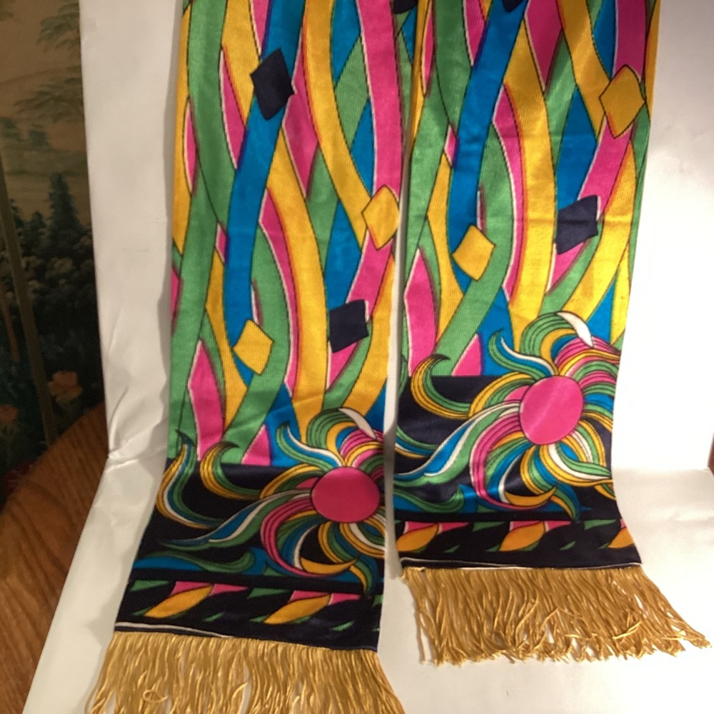 1970s 80s neon colorful scarf with fringe